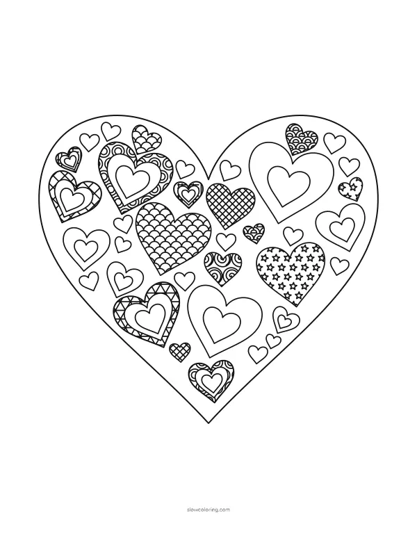 Large heart packed with smaller hearts, some patterned and some nested