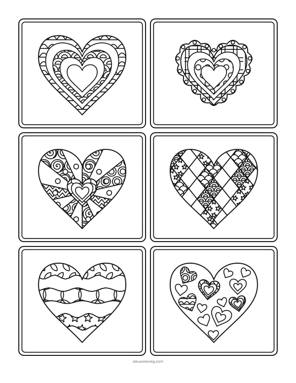 Six framed hearts with different patterns: bands, nested rings, scallops, wedges, diamonds and small hearts