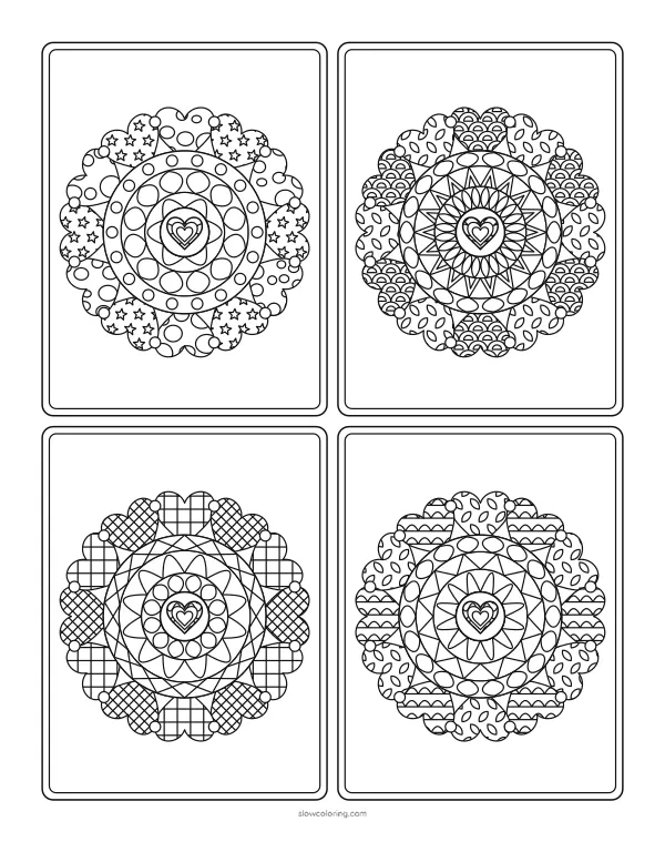 Four heart mandalas in a grid, each with a ring of hearts and fine petal rings
