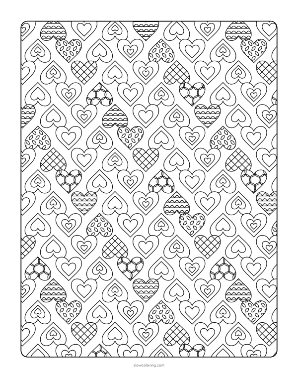 Full page of hearts in offset rows, pointing up and down, some patterned and some nested