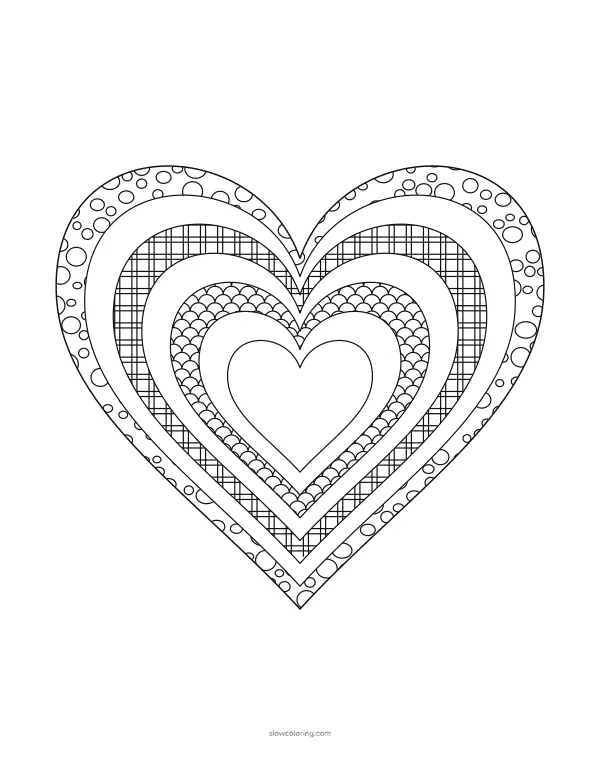 Seven nested hearts with fine tangle patterns in alternating bands