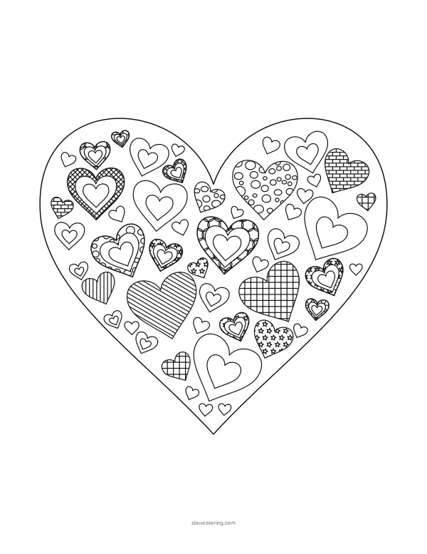 Large heart packed with many small hearts of three sizes, some with fine patterns