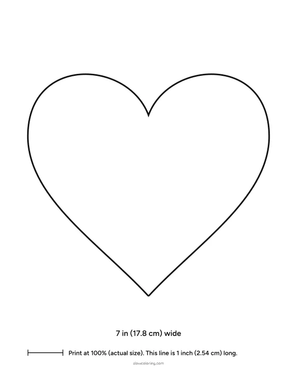 Large heart outline, 7 inches wide, with a size label and a 1 inch print check line