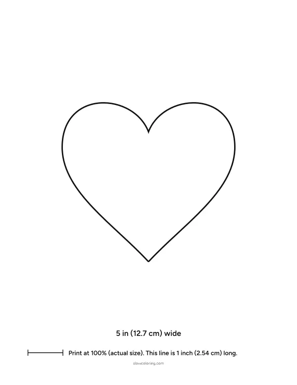 Heart outline 5 inches wide, one per page, with a size label
