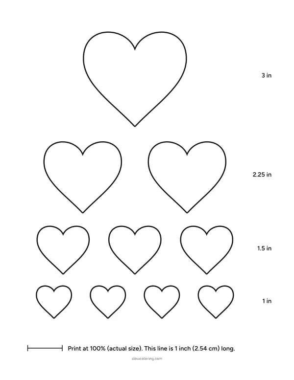 Chart of heart outlines in four sizes: one 3 inch, two 2.25 inch, three 1.5 inch and four 1 inch hearts