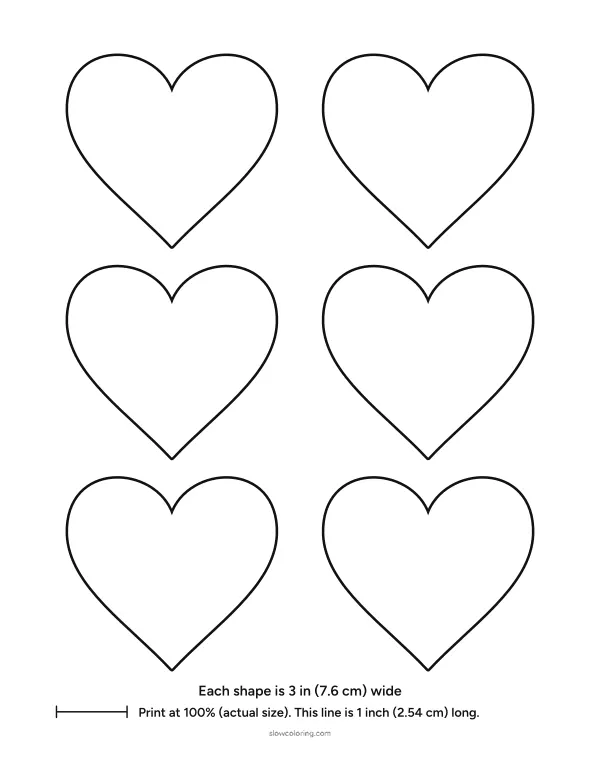 Six heart outlines 3 inches wide in two columns and three rows