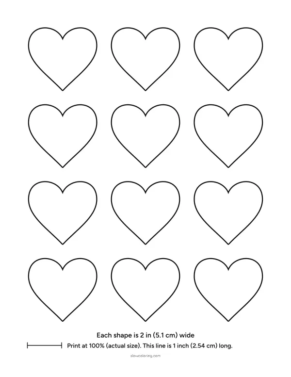Twelve heart outlines 2 inches wide in three columns and four rows