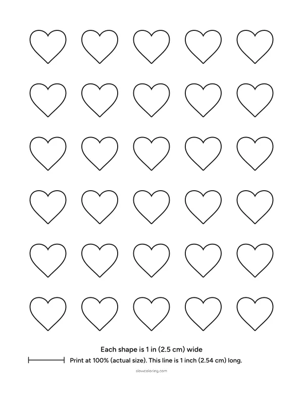 Thirty small heart outlines 1 inch wide in five columns and six rows