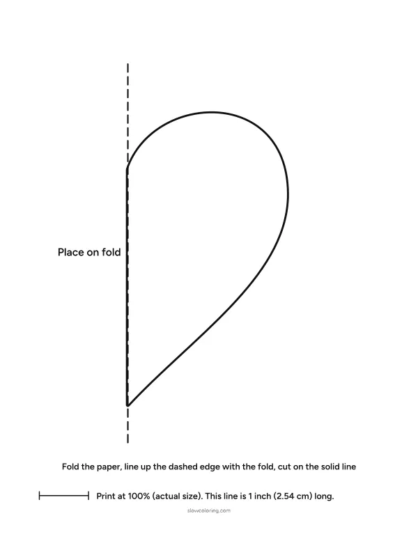 Right half of a large heart with a dashed fold line on the left, to cut from folded paper for a symmetric heart