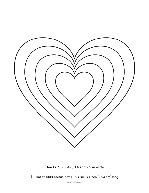 Five nested heart outlines, from 7 to 2 inches wide, to cut and stack into a layered heart