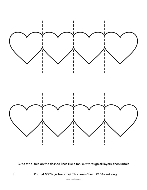 Two strips of four joined hearts with dashed fold lines, to fold accordion style and cut a heart garland