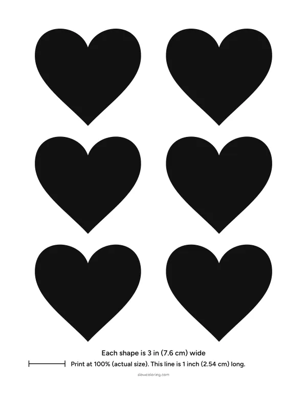 Six solid black heart silhouettes, 3 inches wide, for stencils and cutting