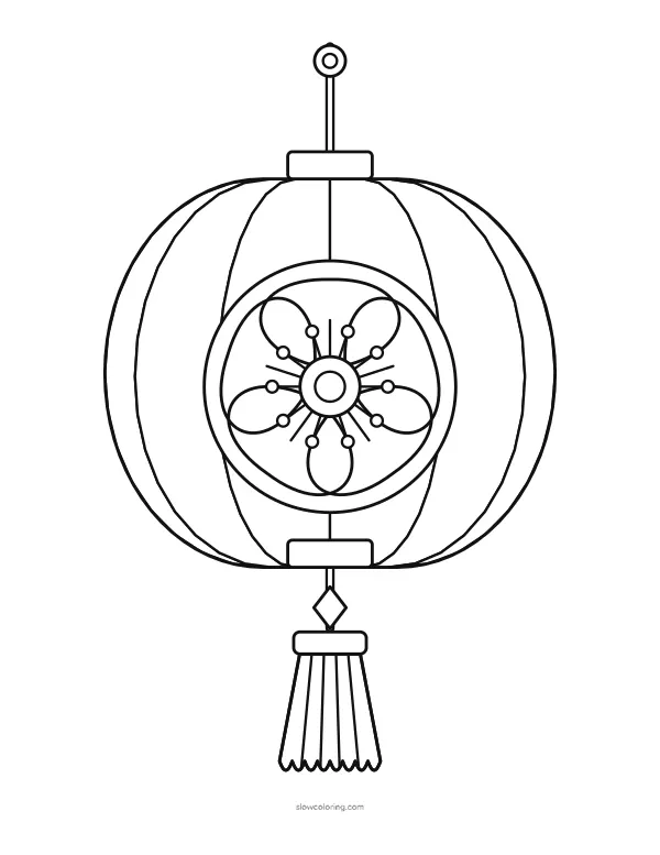One large round paper lantern with ribs, a blossom medallion, caps and a long tassel