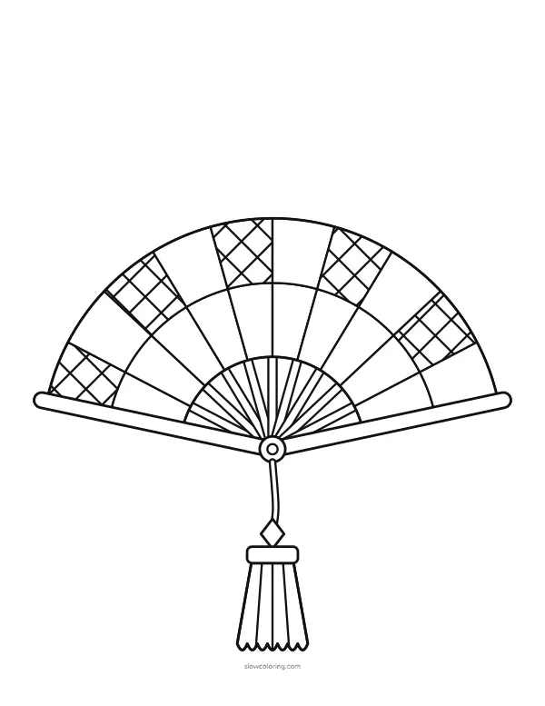Large open folding fan with pleats in wide plain and patterned zones and a tassel