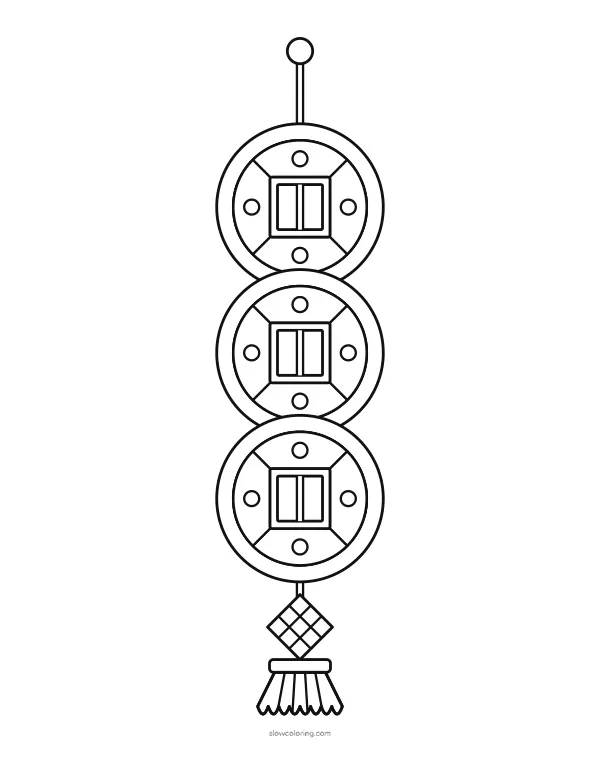 Three large round coins with square holes on a cord, with a knot and a tassel