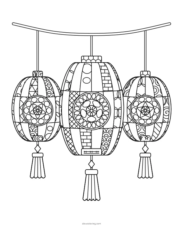 A tall lantern and two round lanterns hanging from a cord, each with ribs, a medallion and a tassel