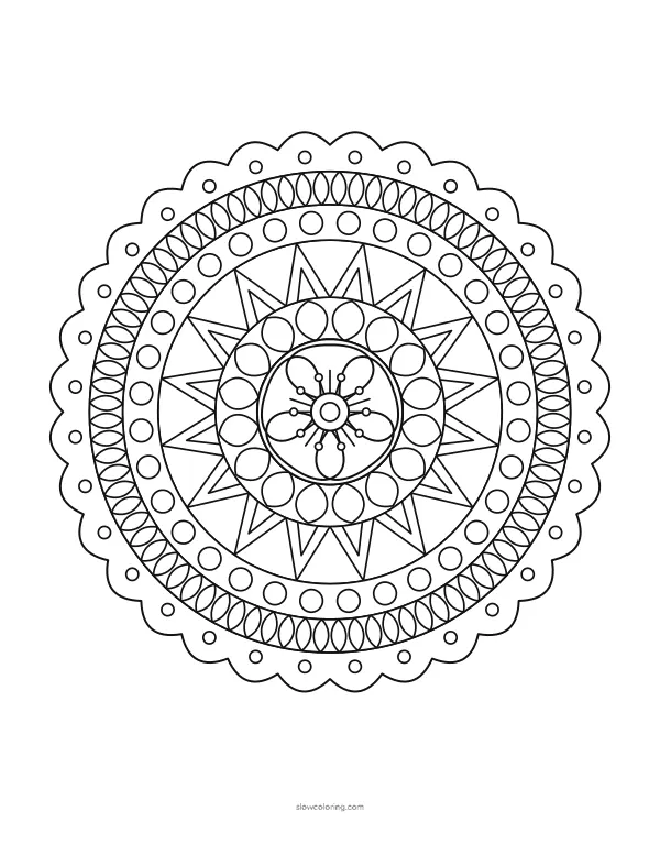 Round paper-cut style medallion with a scalloped edge, rings of petals and a blossom center