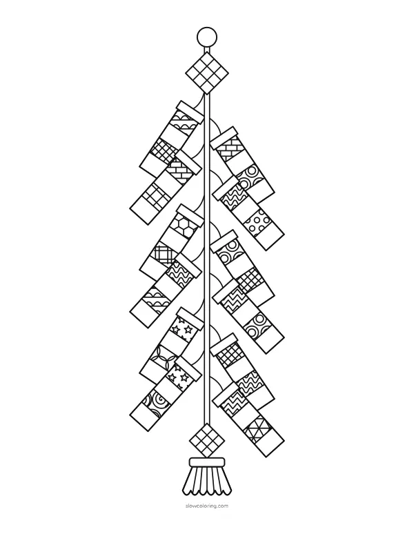 A string of patterned firecrackers hanging from a knot, with a tassel at the bottom