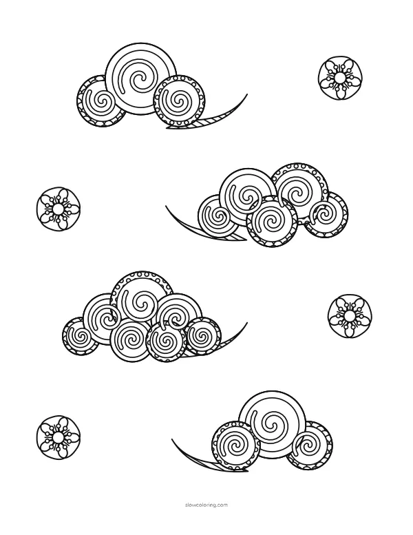Traditional swirl clouds with curls inside each bump, with small plum blossoms