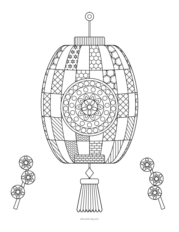 Tall paper lantern with many fine patterned ribs, a medallion, a tassel and plum sprigs