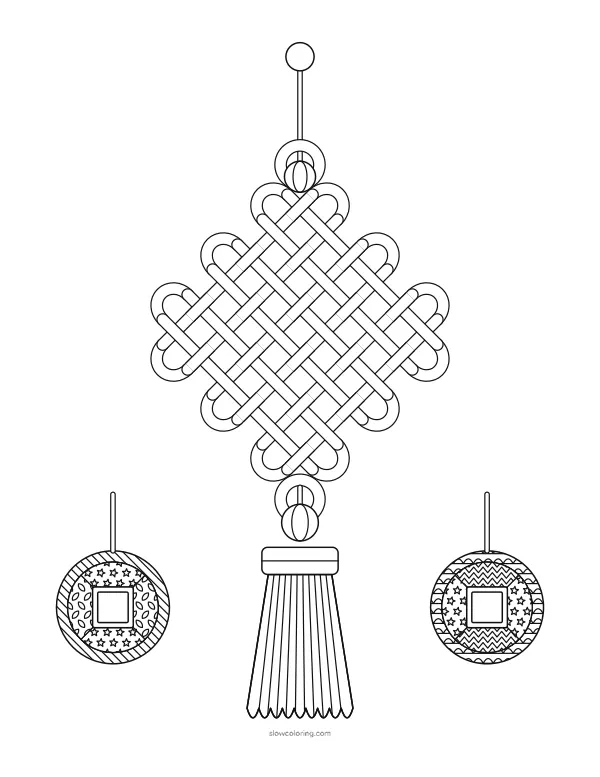 Woven knot ornament with loops, beads and a long tassel, between two hanging coins