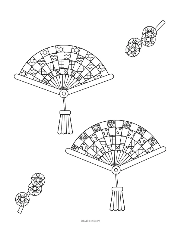 Two open folding fans with fine patterned pleats and tassels, and a plum blossom sprig