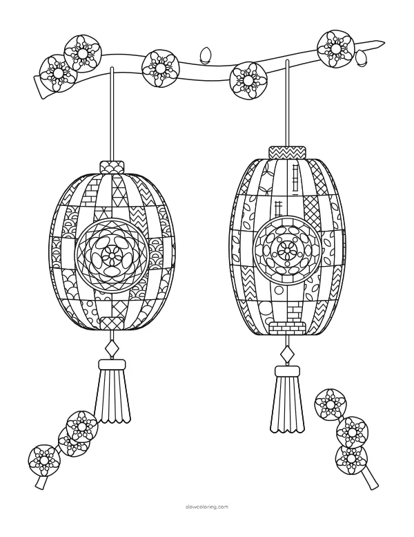 Two detailed lanterns hanging from a blossoming plum branch, with sprigs below