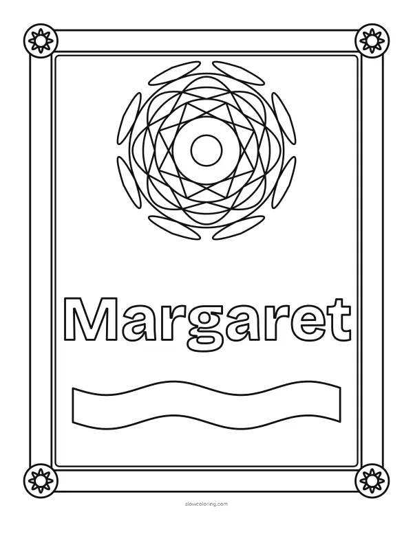 The name Margaret in large hollow letters inside a patterned border with a mandala above