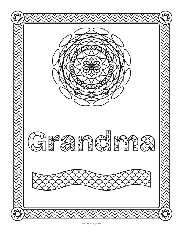 The name Grandma in large patterned letters inside a patterned border with a mandala above