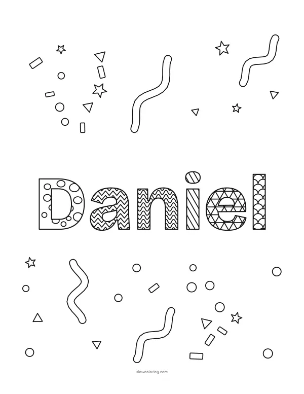The name Daniel in large patterned letters with confetti and streamers