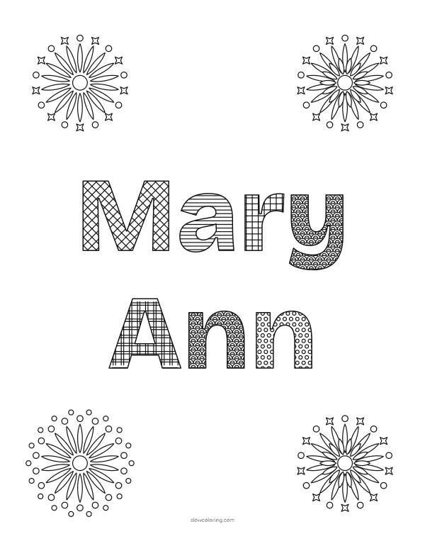 The name Mary Ann in large patterned letters between four firework bursts