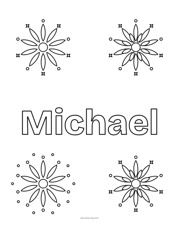The name Michael in large hollow letters between four firework bursts