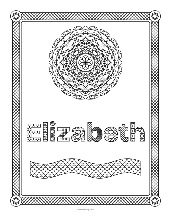 The name Elizabeth in large patterned letters inside a patterned border with a mandala above
