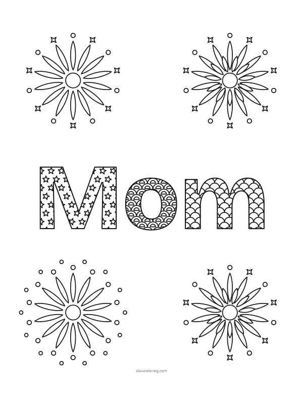 The name Mom in large patterned letters between four firework bursts
