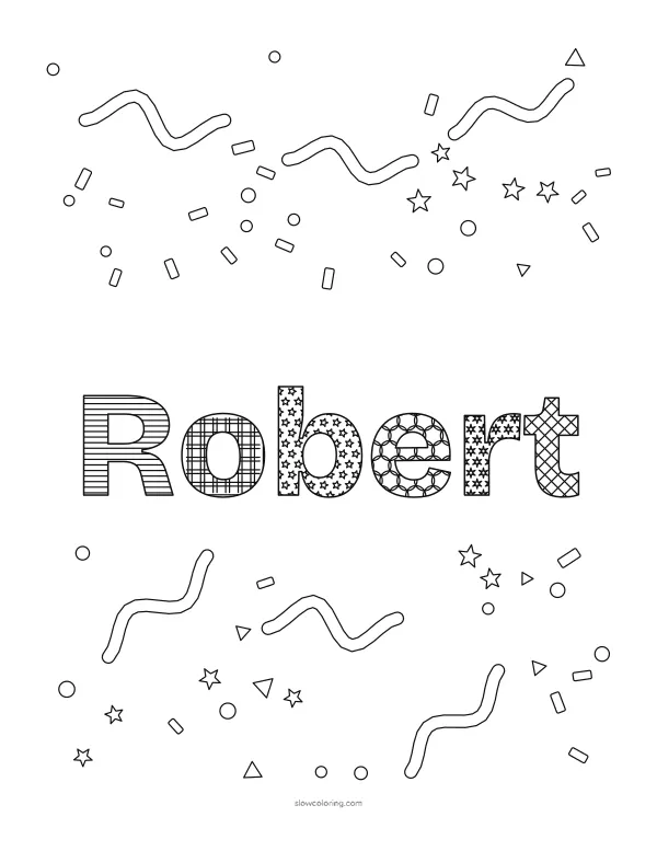The name Robert in large patterned letters with confetti and streamers