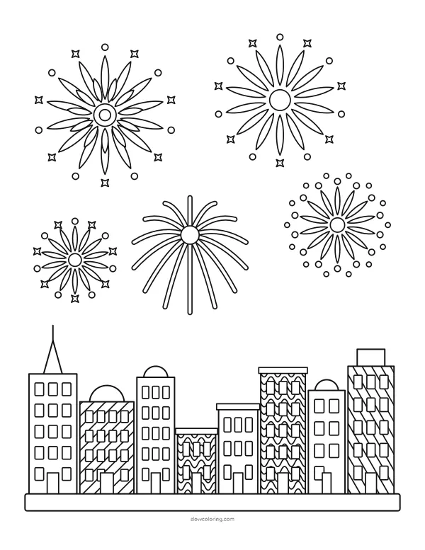 Five firework bursts over a skyline of buildings with many windows