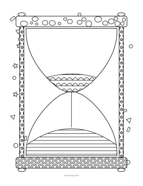 Tall hourglass with patterned plates and posts, sand zones and confetti