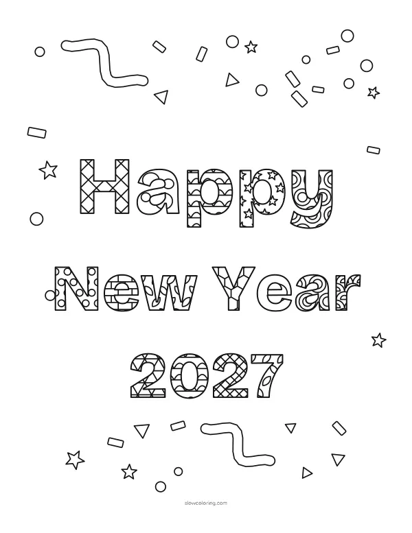 Happy New Year 2027 in letters filled with simple patterns inside a confetti and streamer frame
