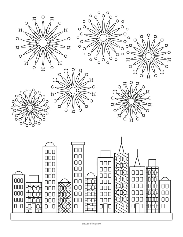 Detailed skyline with many small windows under six firework bursts