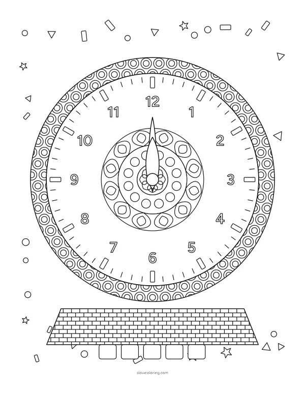 Detailed clock face with minute ticks, a patterned bezel, an inner mandala and confetti
