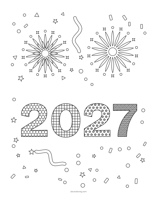 Large 2027 numbers filled with fine patterns, framed by confetti and streamers