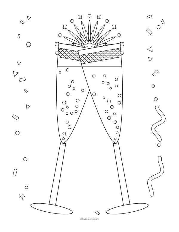 Two champagne flutes clinking under a firework burst, with fine bubbles and confetti