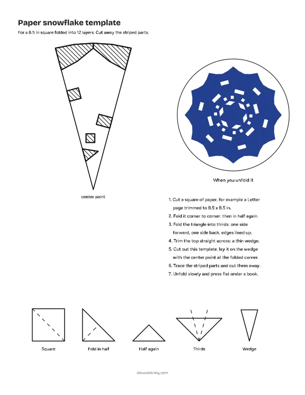 Paper snowflake template 01, simple: a folded wedge with striped parts to cut away and a picture of the unfolded snowflake