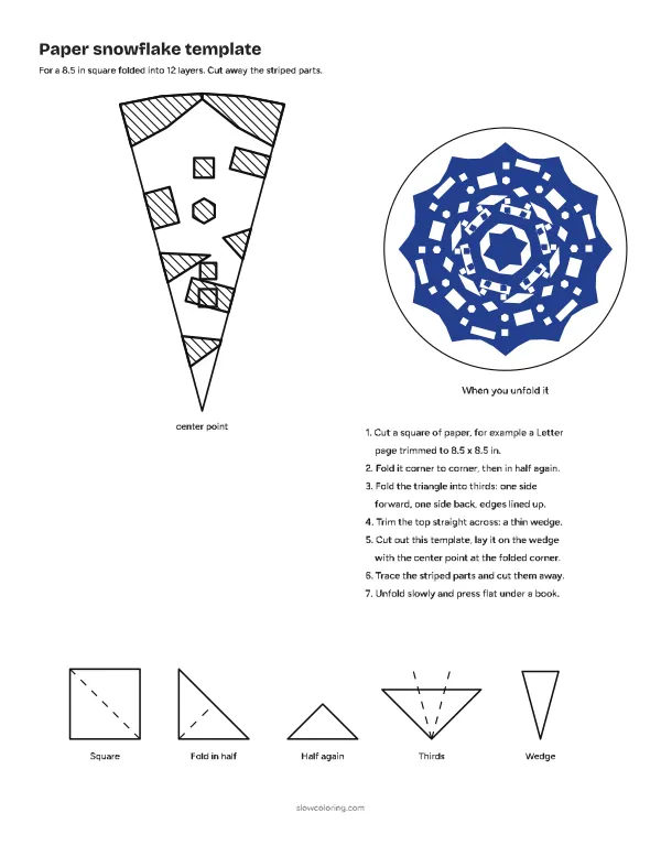 Paper snowflake template 02, lacy: a folded wedge with striped parts to cut away and a picture of the unfolded snowflake