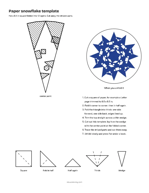 Paper snowflake template 03, star: a folded wedge with striped parts to cut away and a picture of the unfolded snowflake