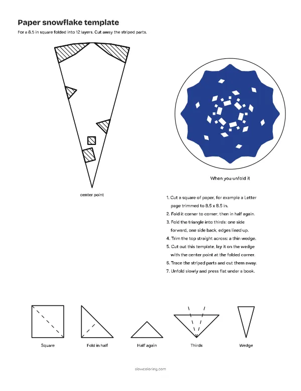 Paper snowflake template 04, simple: a folded wedge with striped parts to cut away and a picture of the unfolded snowflake