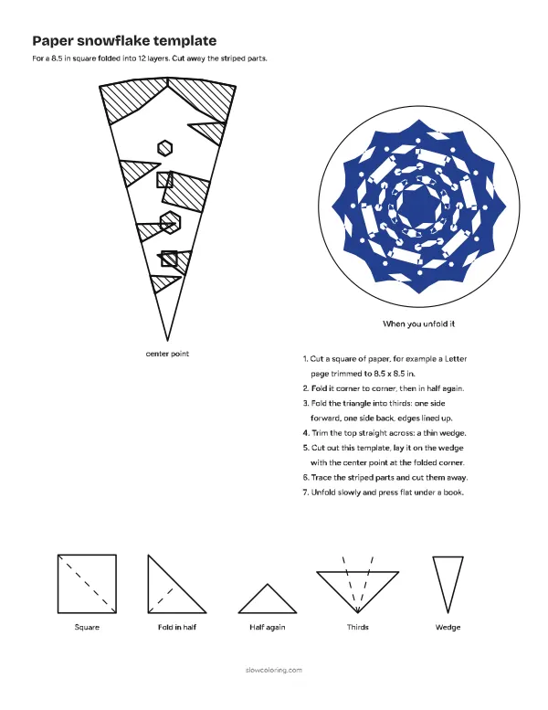 Paper snowflake template 05, lacy: a folded wedge with striped parts to cut away and a picture of the unfolded snowflake