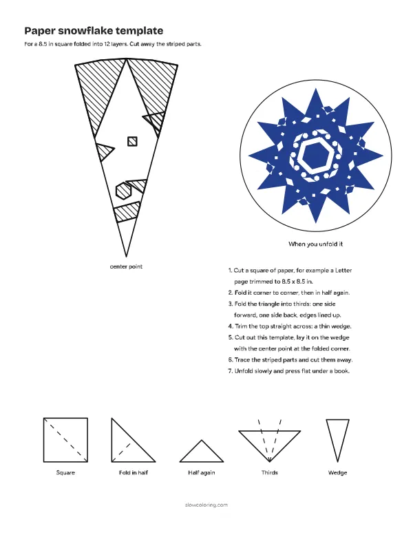 Paper snowflake template 06, star: a folded wedge with striped parts to cut away and a picture of the unfolded snowflake