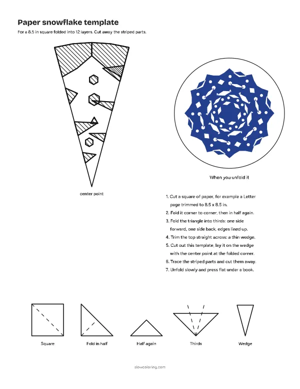 Paper snowflake template 07, lacy: a folded wedge with striped parts to cut away and a picture of the unfolded snowflake