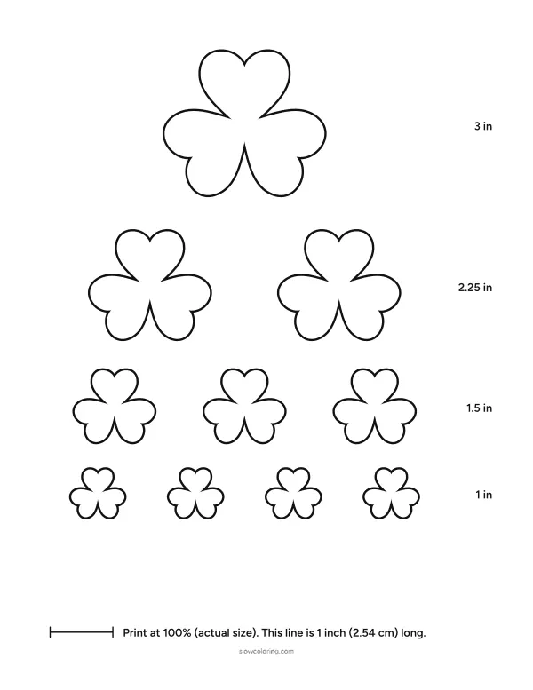 Chart of shamrock outlines in four sizes, from 3 inches to 1 inch wide